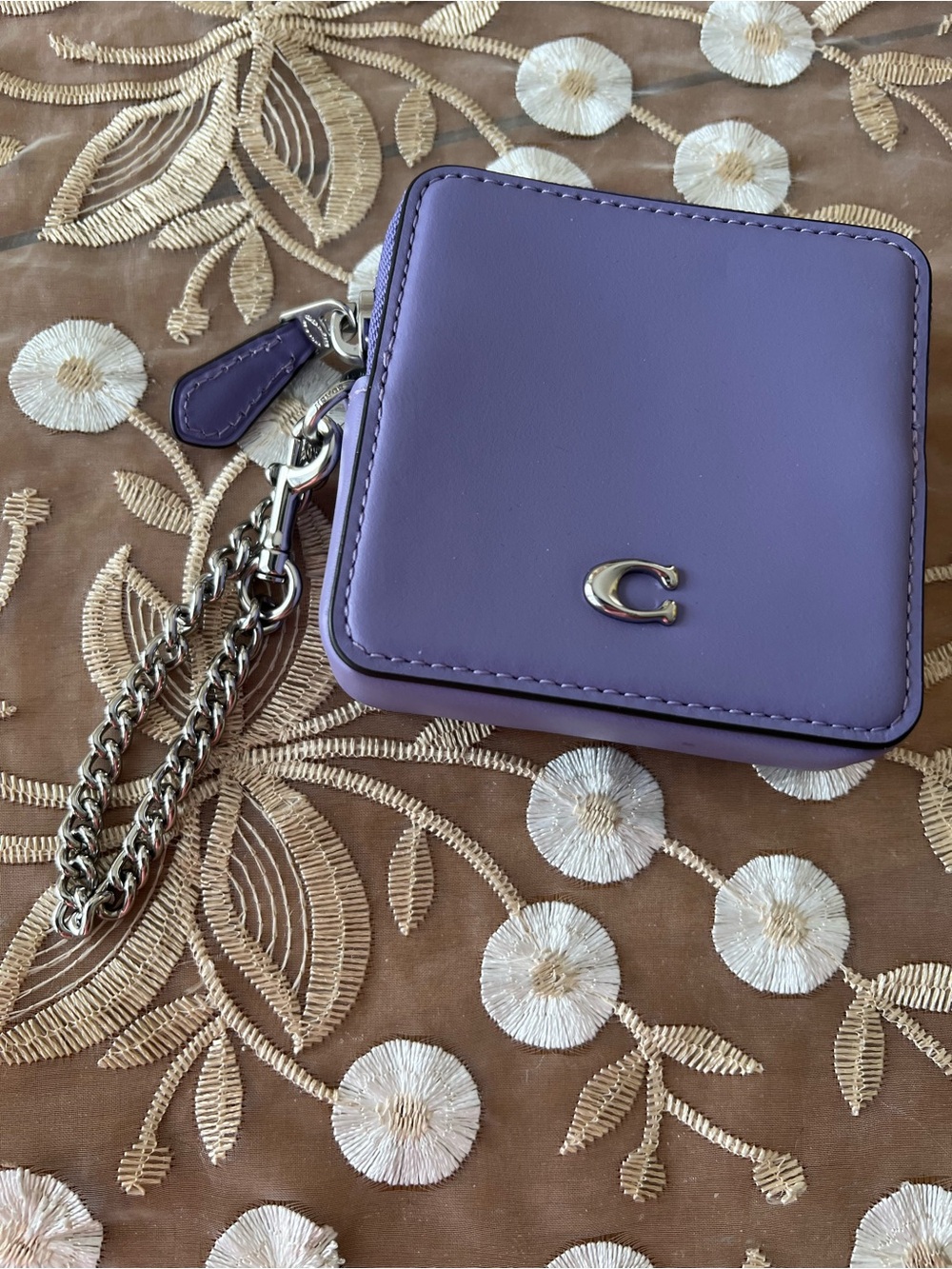 Coach Purple Leather Square Zip Coin Wallet with Chain